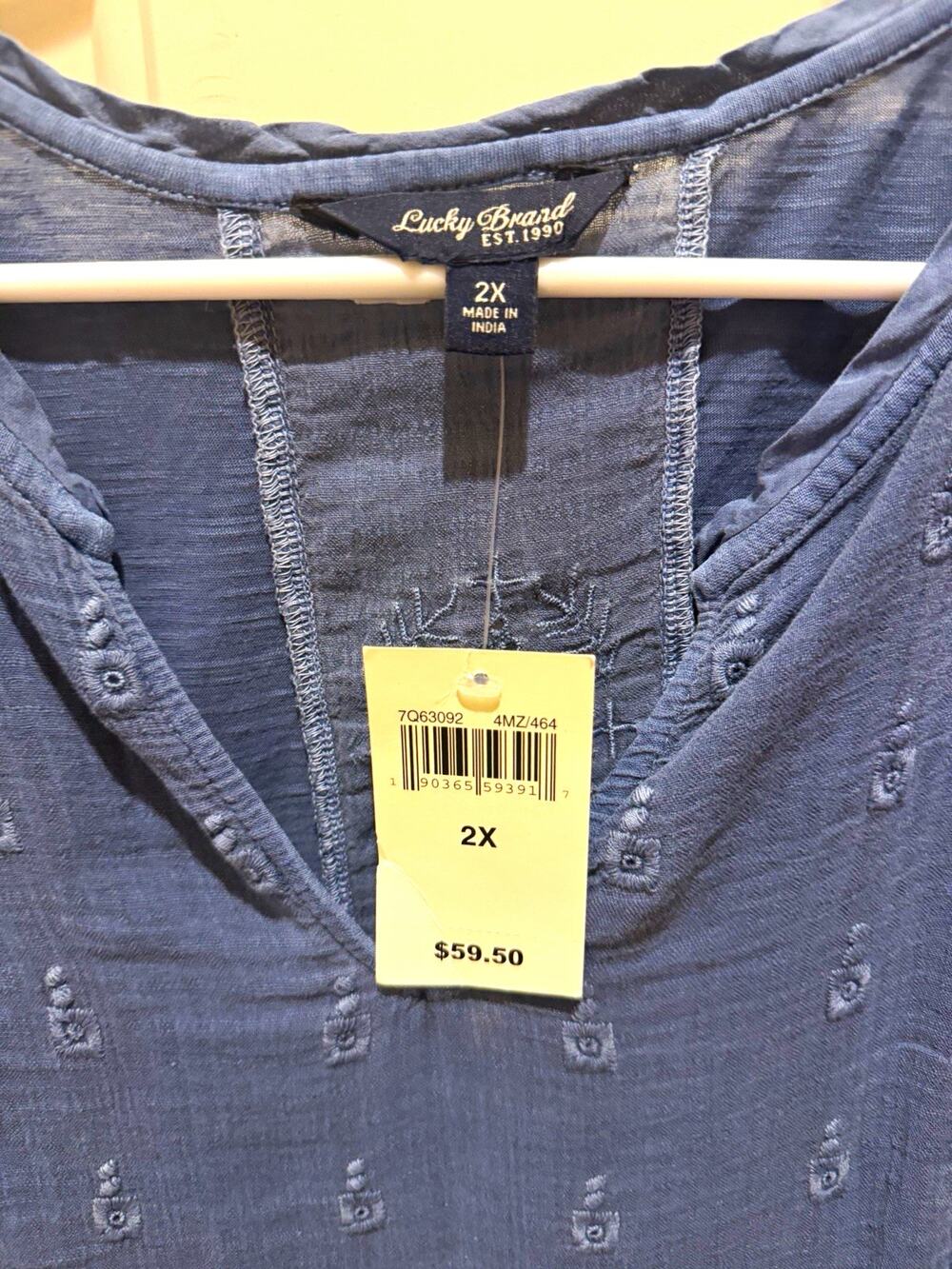 Lucky Brand Women’s Plus 2X Blue Peasant V-Neck Cotton Woven Blouse Pullover
